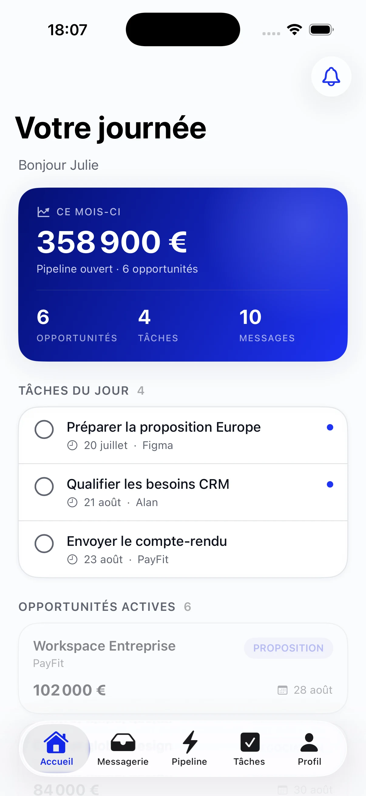 Orbite Go sur iPhone : pipeline du mois, tâches du jour et opportunités actives
