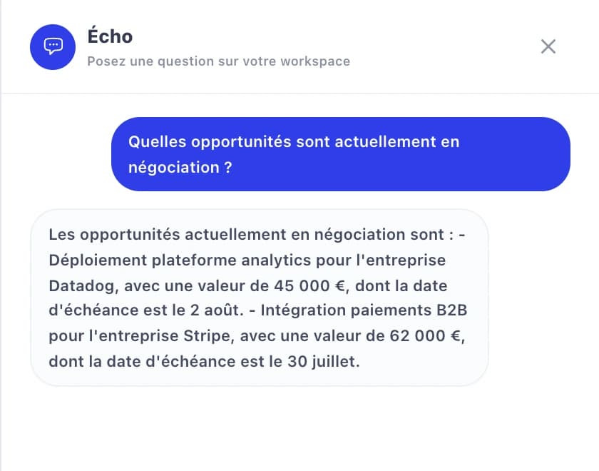 Conversation avec Écho, le copilote IA d'Orbite CRM