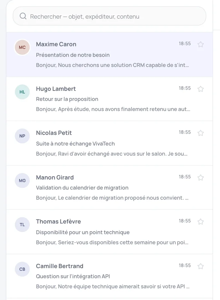 Boîte de réception Orbite CRM avec liste des emails et volet de lecture