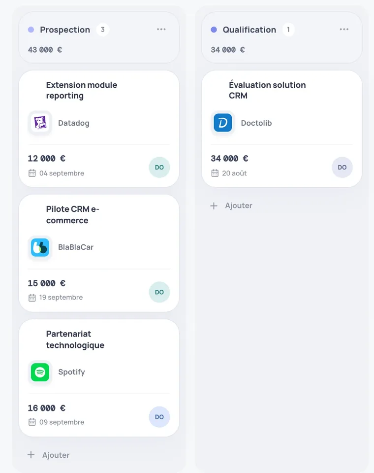 Pipeline commercial Orbite CRM en vue Kanban, par étape